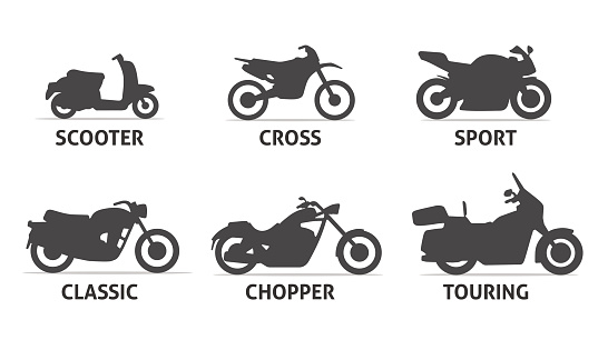 Motorcycle Type and Model icons Set. Vector black illustration isolated on white background with shadow. Variants for web.