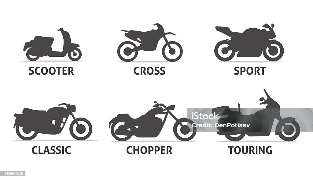 Motorcycle Type and Model Objects icons Set. Motorcycle Type and Model icons Set. Vector black illustration isolated on white background with shadow. Variants for web. Motorcycle stock vector