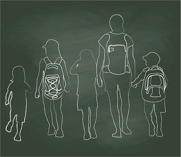 ilustraciones, imágenes clip art, dibujos animados e iconos de stock de pizarra caminando a la escuela niños - silhouette running cap hat