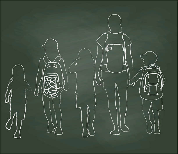 ilustrações de stock, clip art, desenhos animados e ícones de chalkboard walking to school kids - silhouette running cap hat