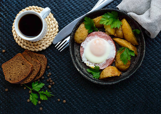 istock Fried egg in salami and baked potatoes. 583846908