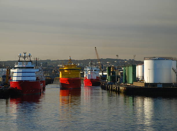 Ships in Busy Aberdeen Harbour Oil Supply boats in Aberdeen harbour aberdeen scotland photos stock pictures, royalty-free photos & images