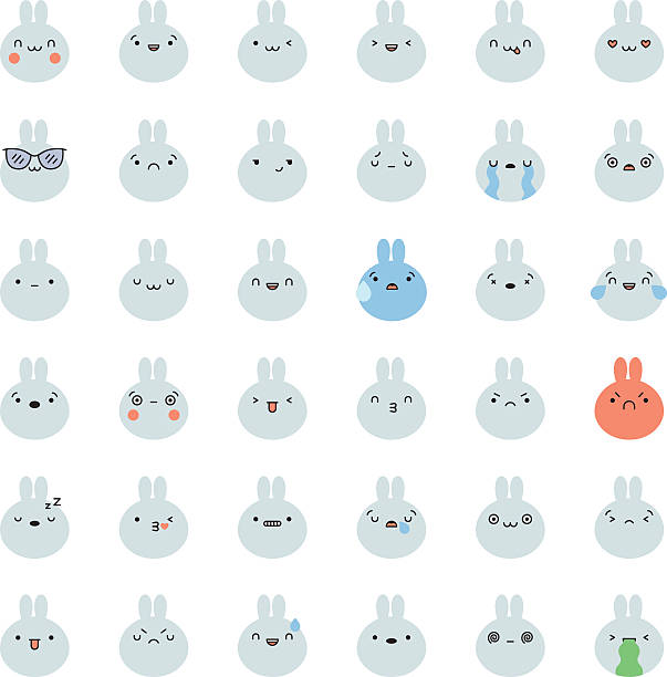 Emoji Bunny Icon Vector Set Flat Cute Korean Style Emoticons Stock