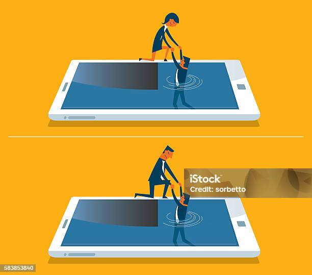 Businessman Drowning In A Digital Tablet Stock Illustration - Download Image Now - Excess, Information Medium, Mobile Phone