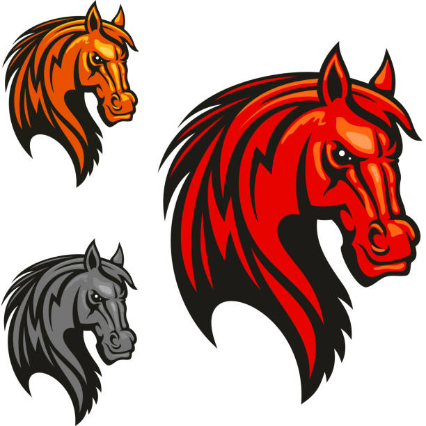Horse stallion head and mane shiled icons Horse stallion head icons. Powerful mustang vectro heraldic emblem for sport club emblem, team shield, badge, label, tattoo shiled stock illustrations