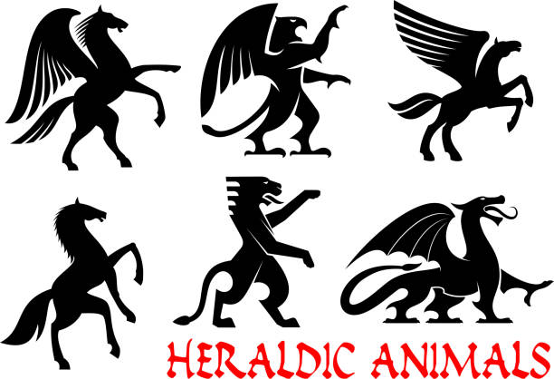 Heraldic animals emblems and icons Heraldic animals icons. Pegasus, Griffin, Dragon, Lion, Horse, Tiger, Unicorn silhouettes. Gothic mythical creatures for tattoo, heraldry or tribal shield emblem celtic dragon tattoo stock illustrations
