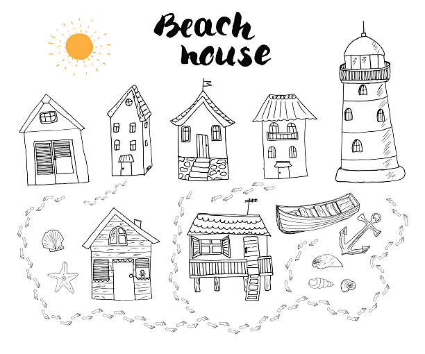 Beach huts, bungalows, hand drawn color doodle set, vector illustation Beach huts and bungalows, hand drawn outline doodle set with light house wooden boat and anchor, seashells and footsteps on sandy beach, vector illustation isolated on white background. beach hut stock illustrations