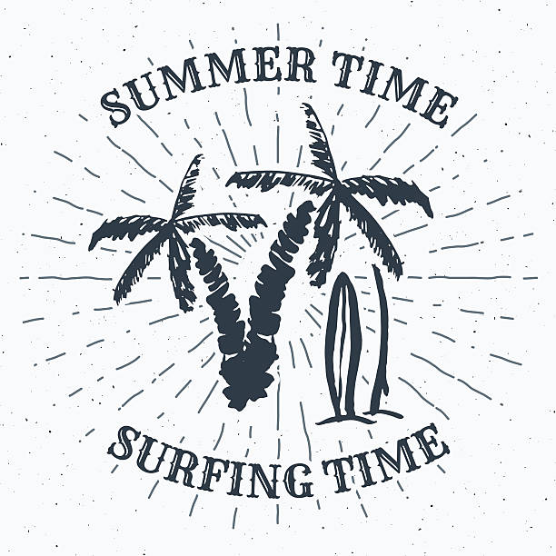 illustrations, cliparts, dessins animés et icônes de palmier dessiné à la main et planches de surf étiquette vintage, badge rétro vecteur - text surfing surf palm tree