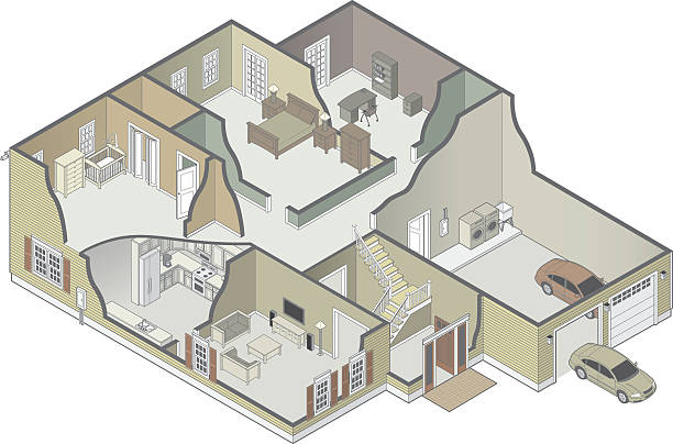 ilustraciones, imágenes clip art, dibujos animados e iconos de stock de casa de unión (cutaway) - wall plasterboard vehicle interior indoors