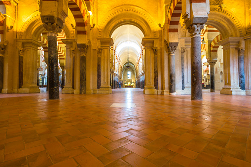 Cordoba, Andalusia, Spain - April 20, 2016: interior of the Great Mosque or Mezquita Catedral de Cordoba.