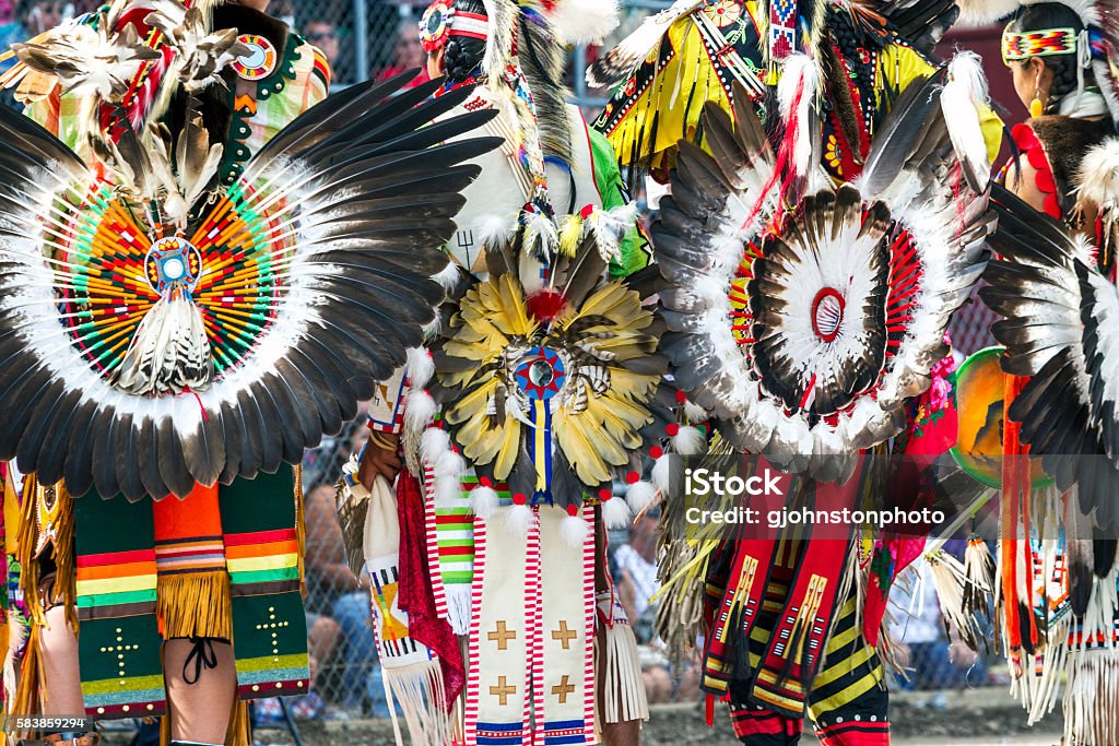 Ceremonial feathered headdresses. Beautiful Native American headdresses shown at the Julyamsh Powwow in Coeur d'Alene, Idaho. Pow-wow Stock Photo