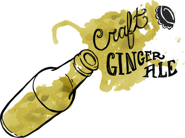 ilustrações, clipart, desenhos animados e ícones de rótulo de ginger ale artesanal e garrafa em aquarela - tempera painting paint art bottle