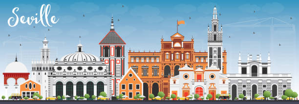 컬러 빌딩과 푸른 하늘세비야 스카이 라인. - seville sevilla house spain stock illustrations