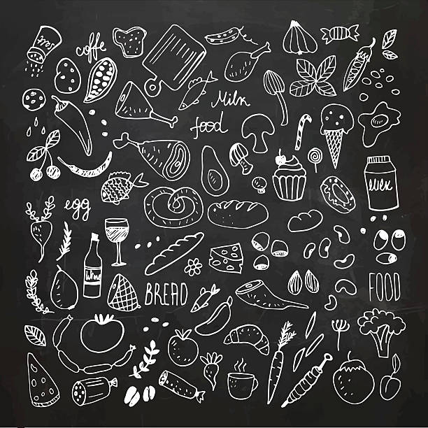 ilustrações de stock, clip art, desenhos animados e ícones de food doodles collection. hand drawn vector icons. freehand drawing - food meat doodle dairy product