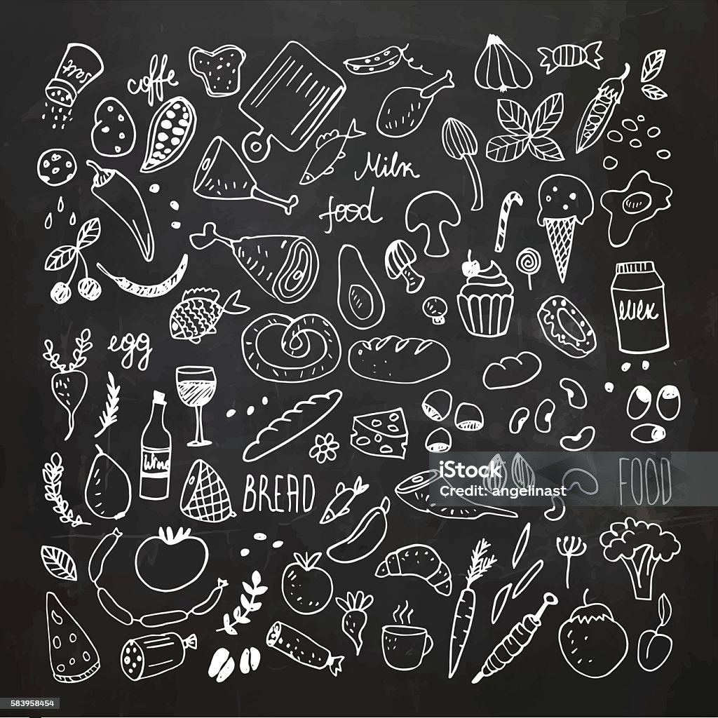 Food doodles collection. Hand drawn vector icons. Freehand drawing Food doodles chalkboard collection. Hand drawn icons. Freehand chalk drawing. Vector Illustration.EPS10, Ai10, PDF, High-Res JPEG included. Chalk - Art Equipment stock vector