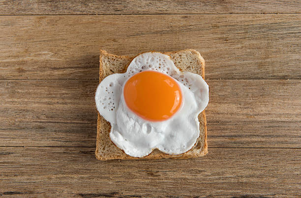 istock Healthy breakfast with fried egg sunny up on wooden table 583958704