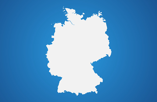 Digitally created Germany map with international borders. Blue business color, soft gradient blue radial background. Map is from a copyright-free resource: http://www.lib.utexas.edu/maps/