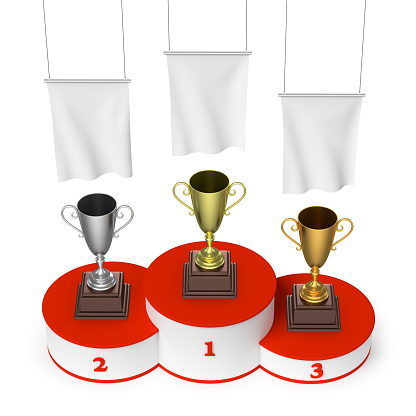 Sports winning, championship and competition success concept - winners trophy cups on round sports pedestal, white winners podium with red stairs and blank white flags, 3d illustration, top view