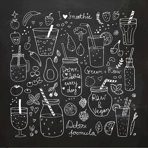 illustrazioni stock, clip art, cartoni animati e icone di tendenza di frullato e collezione di cibi crudi. icone vettoriali disegnate a mano - drawing symbol chalk blackboard