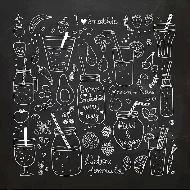 Smoothie and Raw food collection. Hand drawn vector icons Smoothies and Healthy food collection. Hand drawn vector icons. Freehand drawing. Chalkboard doodles. Veggies and Fruit icons. Vector Illustration.EPS10, Ai10, PDF, High-Res JPEG included. smoothie stock illustrations