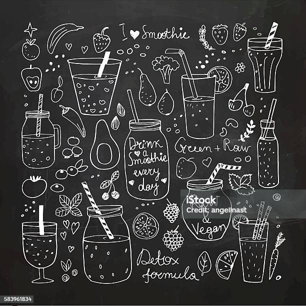 Smoothie And Raw Food Collection Hand Drawn Vector Icons Stock Illustration - Download Image Now