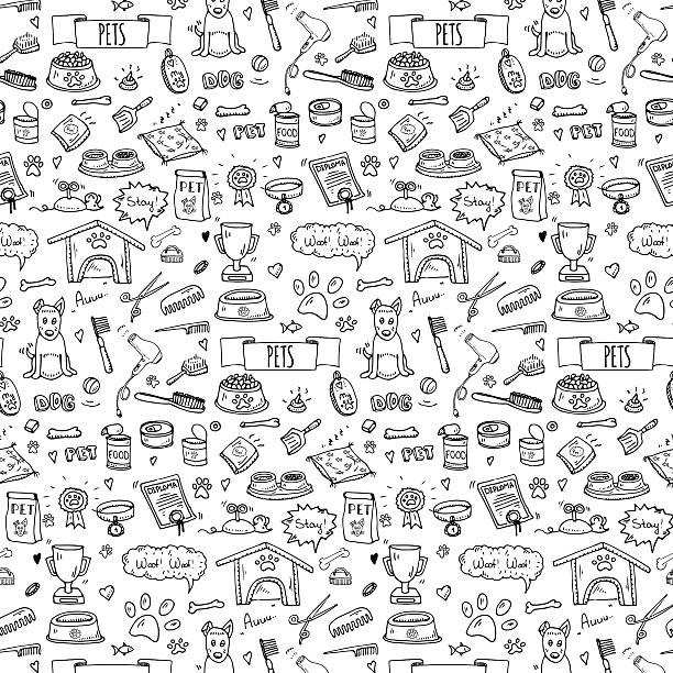 Pet_for background Seamless pattern hand drawn doodle Pets stuff and supply icons set. Vector illustration. Symbol collection. Cartoon dog care elements: kennel, leash, food, paw, bowl, bone and other goods for pet shop pet equipment stock illustrations