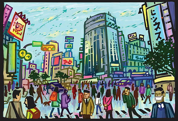 ilustraciones, imágenes clip art, dibujos animados e iconos de stock de cruce de shibuya  - illustration and painting vector merchandise retail