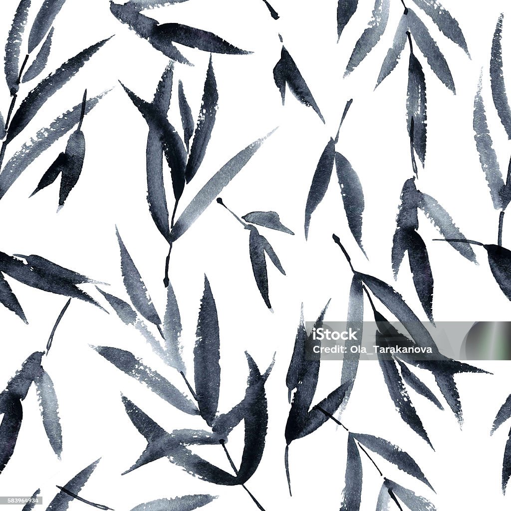 Tree leaves pattern Watercolor and ink bamboo leaves pattern in style sumi-e, u-sin. Oriental traditional painting. Seamless pattern. Foliate Pattern stock illustration