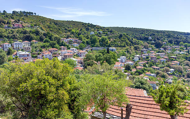 View of Afetes village, Pelio, Greece Afetes is a village in Magnesia, Thessaly, Greece. The name Afetes was taken from the ancient port Aphetae. pilio greece stock pictures, royalty-free photos & images