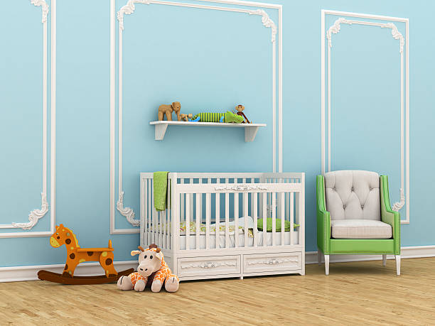 istock Classic children's room with a crib, chair 583965982