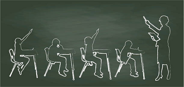 Chalkboard Teacher And Small Classroom A chalk outline vector silhouette illustration of a teacher and her four elemenary school students in her classroom. silhouette of bad boy stock illustrations