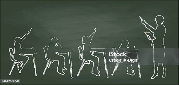 Chalkboard Teacher And Small Classroom Stock Illustration - Download Image Now - Teacher, Student, Child