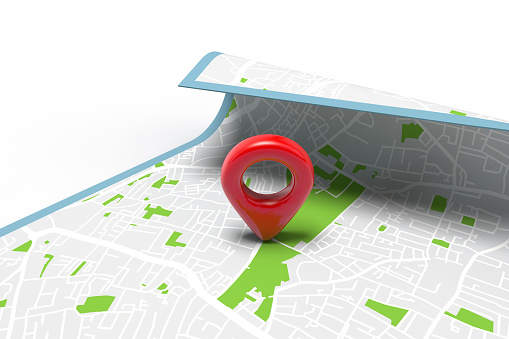 3D digital render of a large red location marker on a city road map. Travel destination point of interest