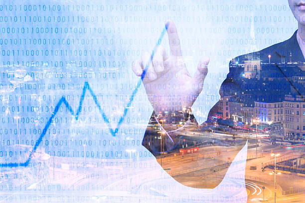istock Young businessman writing graph of imagination, Double exposure 583968962