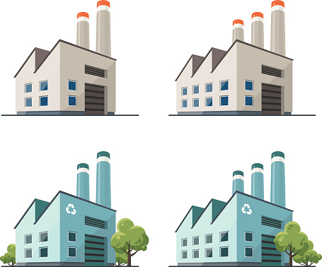Perspective view on four power electricity industry factory building in cartoon style. Green manufacturing and ecology recycling producing. Isolated vector flat illustration.