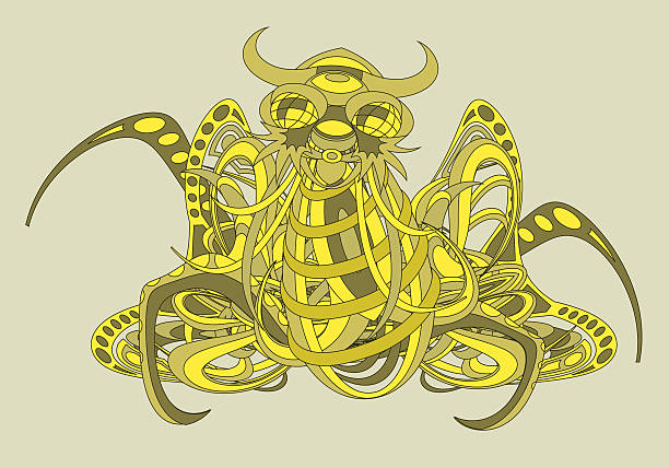 Patterned fantastic creature Cthulhu Patterned fantastic creature, deity, demon or an animal resembling a spider or an octopus, consisting of weaves of flexible objects. Tattoo design. Isolated vector composition. spider tribal tattoo stock illustrations