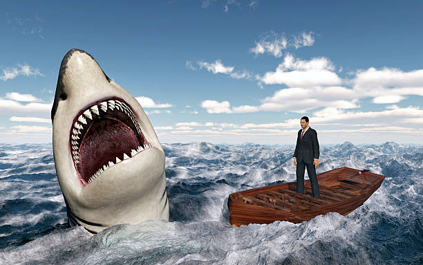 istock Businessman in a boat and great white shark 583969832