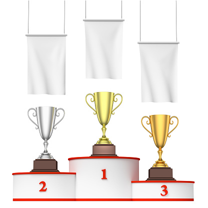 Sports winning, championship and competition success concept - three winners trophy cups on round sports pedestal, white winners podium with red stairs and blank white flags, 3d illustration