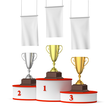 Sports winning, competition and championship success concept - three winners trophy cups on round sports pedestal, white winners podium with red stairs and blank white flags, 3d illustration, right