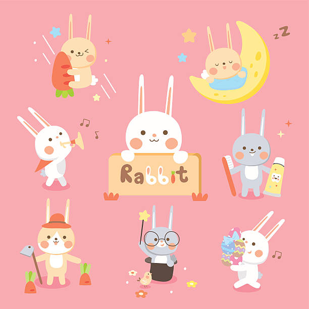ilustraciones, imágenes clip art, dibujos animados e iconos de stock de establecer conejo lindo - easter rabbit baby rabbit mascot