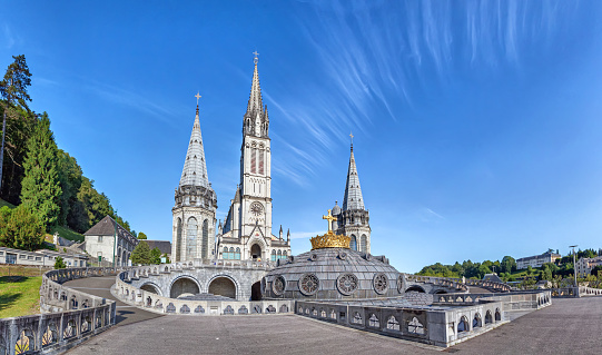 Panoramic view of Rosary Basilica in Lourdes, Hautes-Pyrenees, France