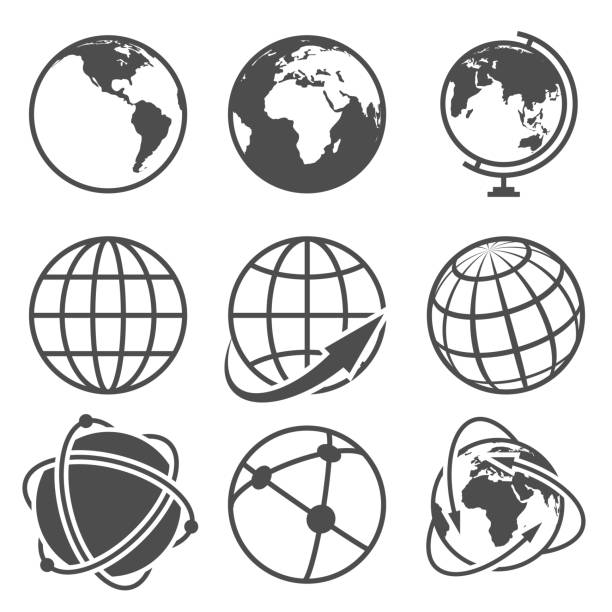 ilustrações de stock, clip art, desenhos animados e ícones de conjunto de ícones de vetor de terra globo - direction arrow sign globe planet