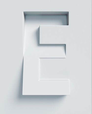 Letter E slanted 3d font engraved and extruded from the surface