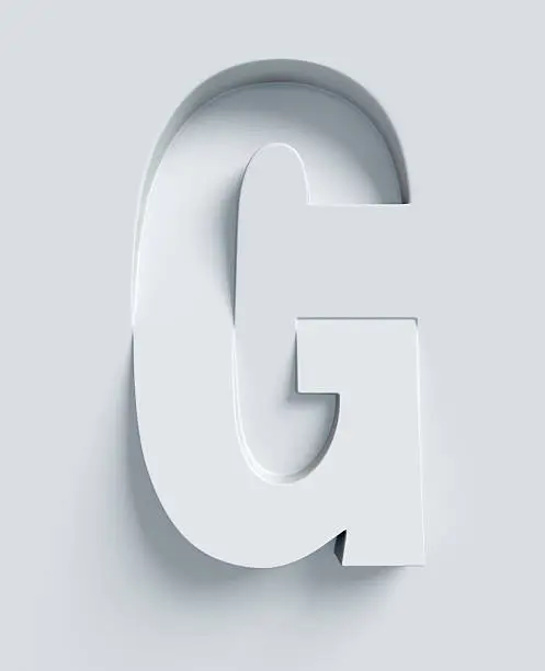 Letter G slanted 3d font engraved and extruded from the surface