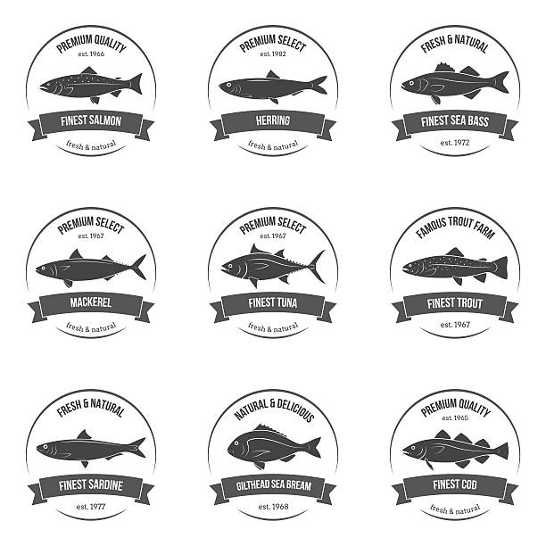 ilustrações de stock, clip art, desenhos animados e ícones de vector fish silhouettes, labels, emblems. - bacalhau
