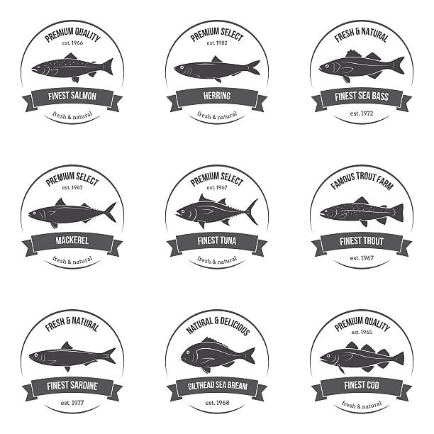 Vector fish silhouettes, labels, emblems. Vector fish silhouettes, labels, emblems. Salmon, herring, sea bass, mackerel, tuna, trout, sardine, sea bream, cod. Set of templates for stores, markets, food packaging. Seafood illustration. kipper stock illustrations