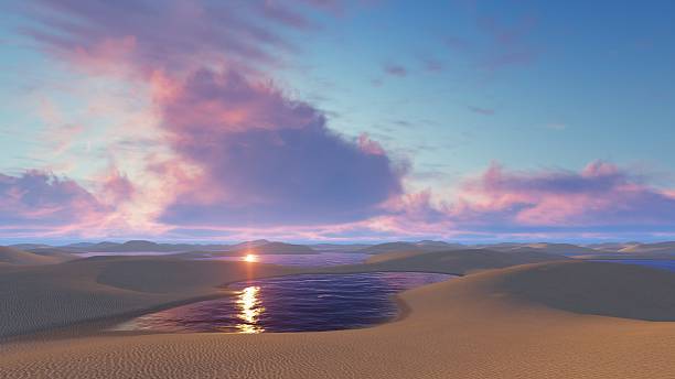 Sunset in Brazil desert national park Fantastic sunset glow in sky above unique white sand dunes desert and water lagoons in Lencois Maranhenses National Park in Brazil. 3D illustration. brazil desert maranhao state national park stock pictures, royalty-free photos & images