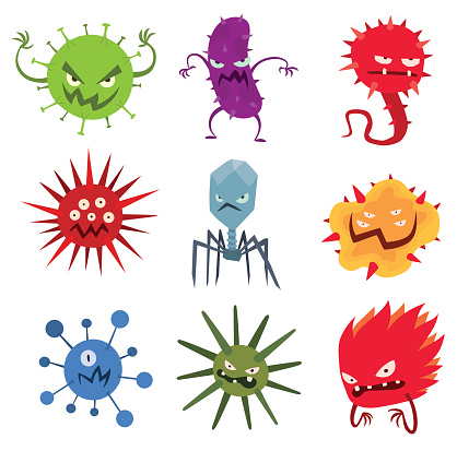 Cartoon viruses characters vector illustration organism biology. Isolated cartoon viruses characters on white background. Funny vector graphic infection cartoon viruses characters bacteria ugly.