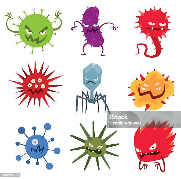 Cartoon Viruses Characters Vector Set Stock Illustration - Download Image Now - Virus, Bacterium, Cartoon