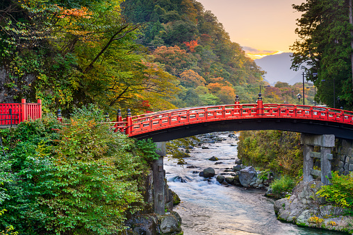 Nikko, Japan - November 1, 2012: Shinkyo Bridge at Futarasan Shrine. The bridge is known as one of the three most beautiful bridges in Japan.